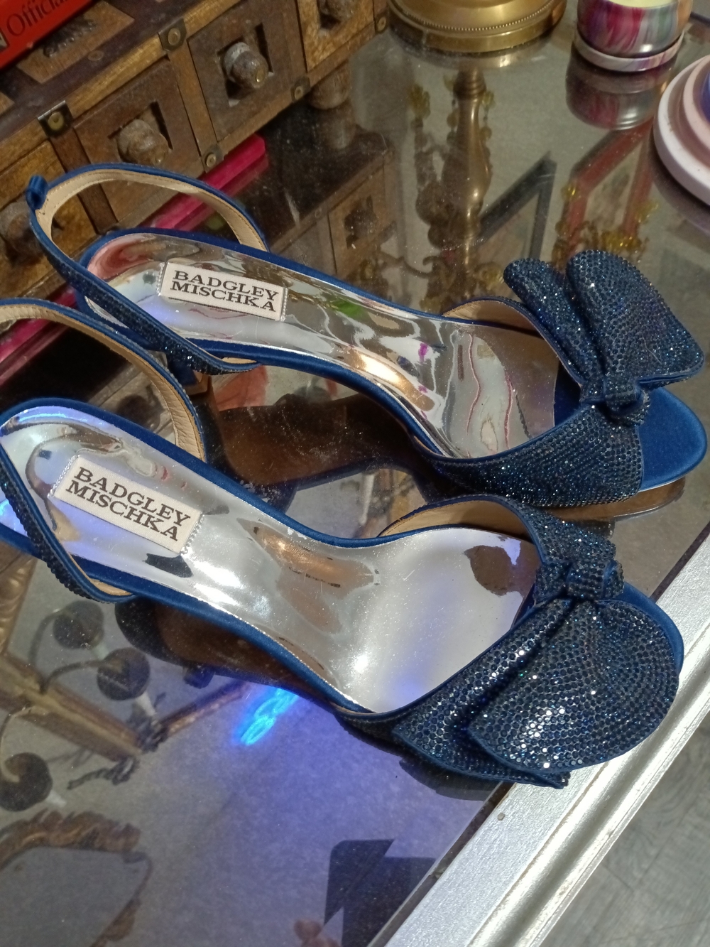 Badgley Mischka Navy Blue Sparkle Bow Slingback Heels